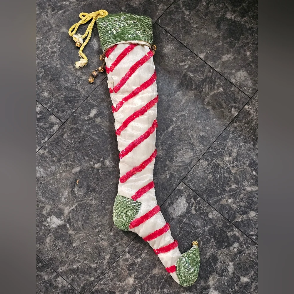 Wayne‎ M Kleski Beaded Large Christmas Jester Elf Bell Stocking 25